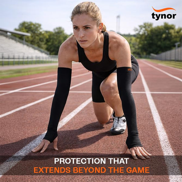 Tynor UV Protection Arm Sleeve 704 — view 9, worn by an athlete on a running track, pair shown, sold individually