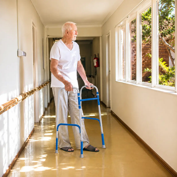 Senior man using a walker in a sunlit hallway