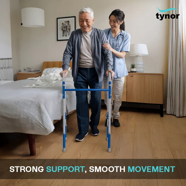 Man using a walker with a caregiver in a bedroom setting, promoting tynor products.