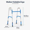 Foldable ergonomic walker with dimensions on a white background