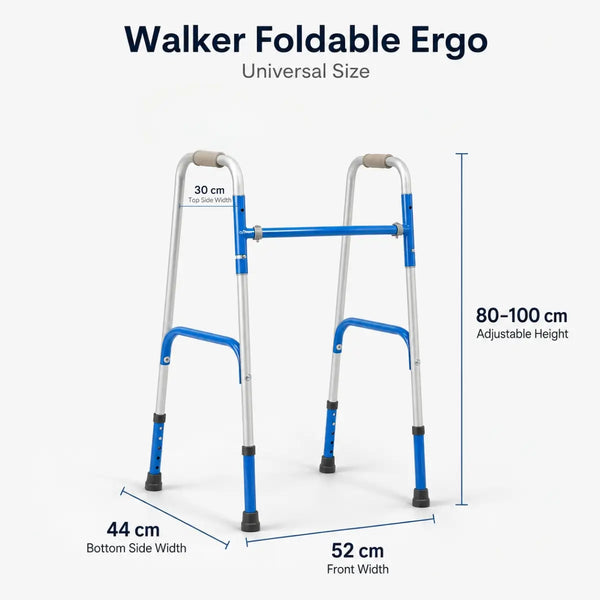Foldable ergonomic walker with dimensions on a white background