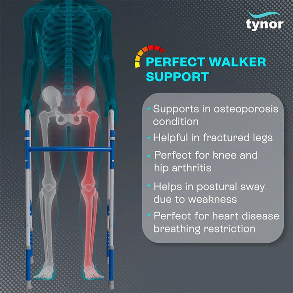 Walker with skeleton illustration and Tynor branding on a dark background