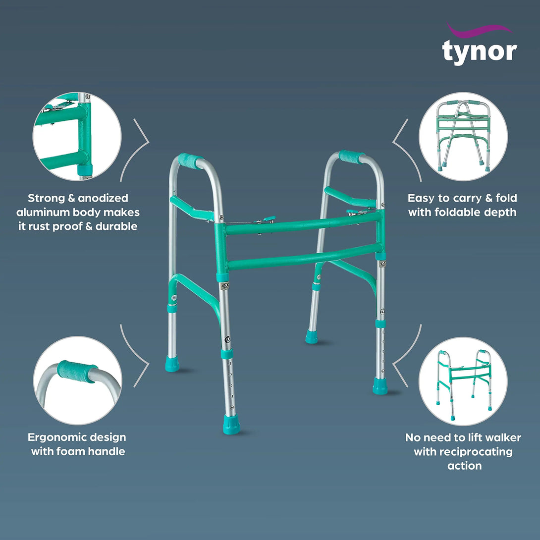 Walker Invalid’s All Pods Walking Aid – Foldable aluminum walker with ergonomic foam handles, rust-proof frame, and easy reciprocating action for effortless mobility.
