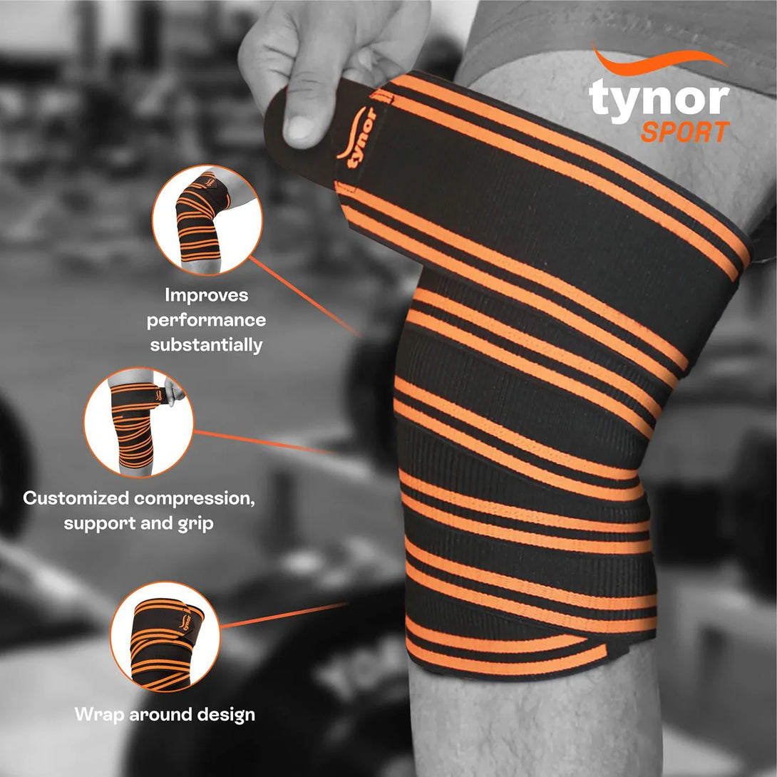 Feature view of neon orange weight lifting knee wrap highlighting adjustable compression design