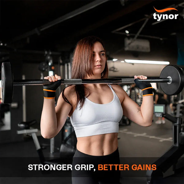 Tynorgrip Gym Gloves 904 worn during a barbell overhead press