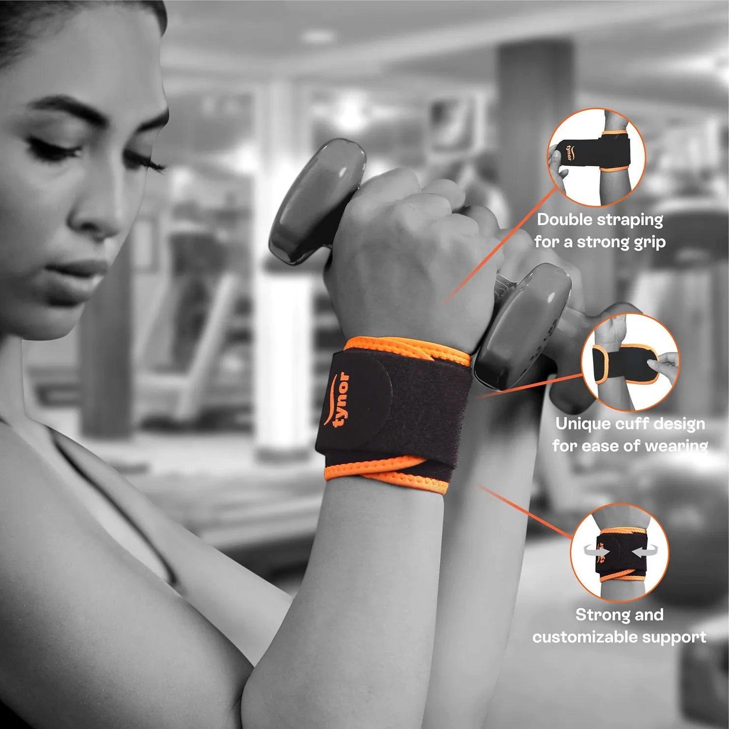 Neon orange wrist support for compression, joint stability, and pain relief