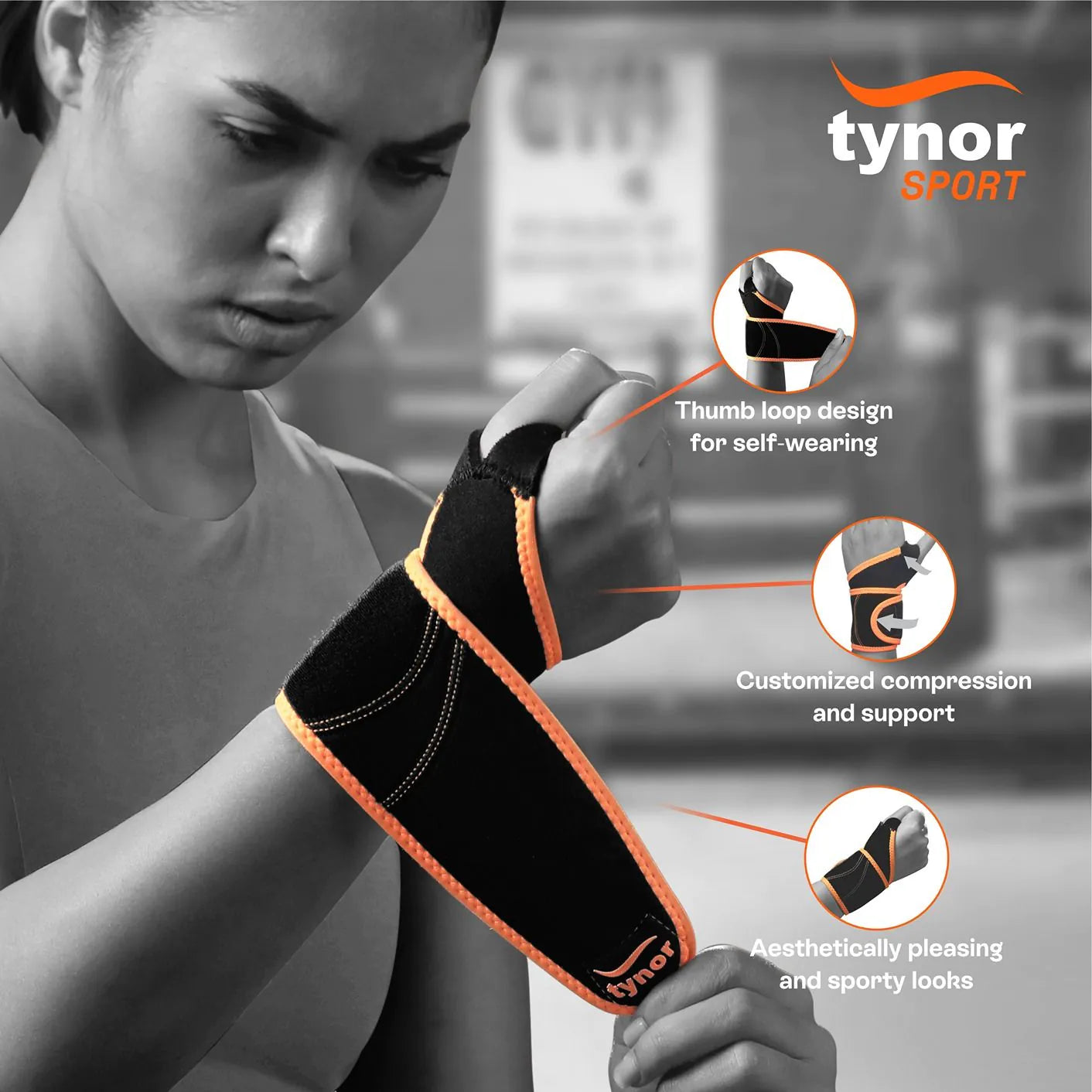 Neo neon orange wrist support with thumb loop for stability, compression, and joint protection