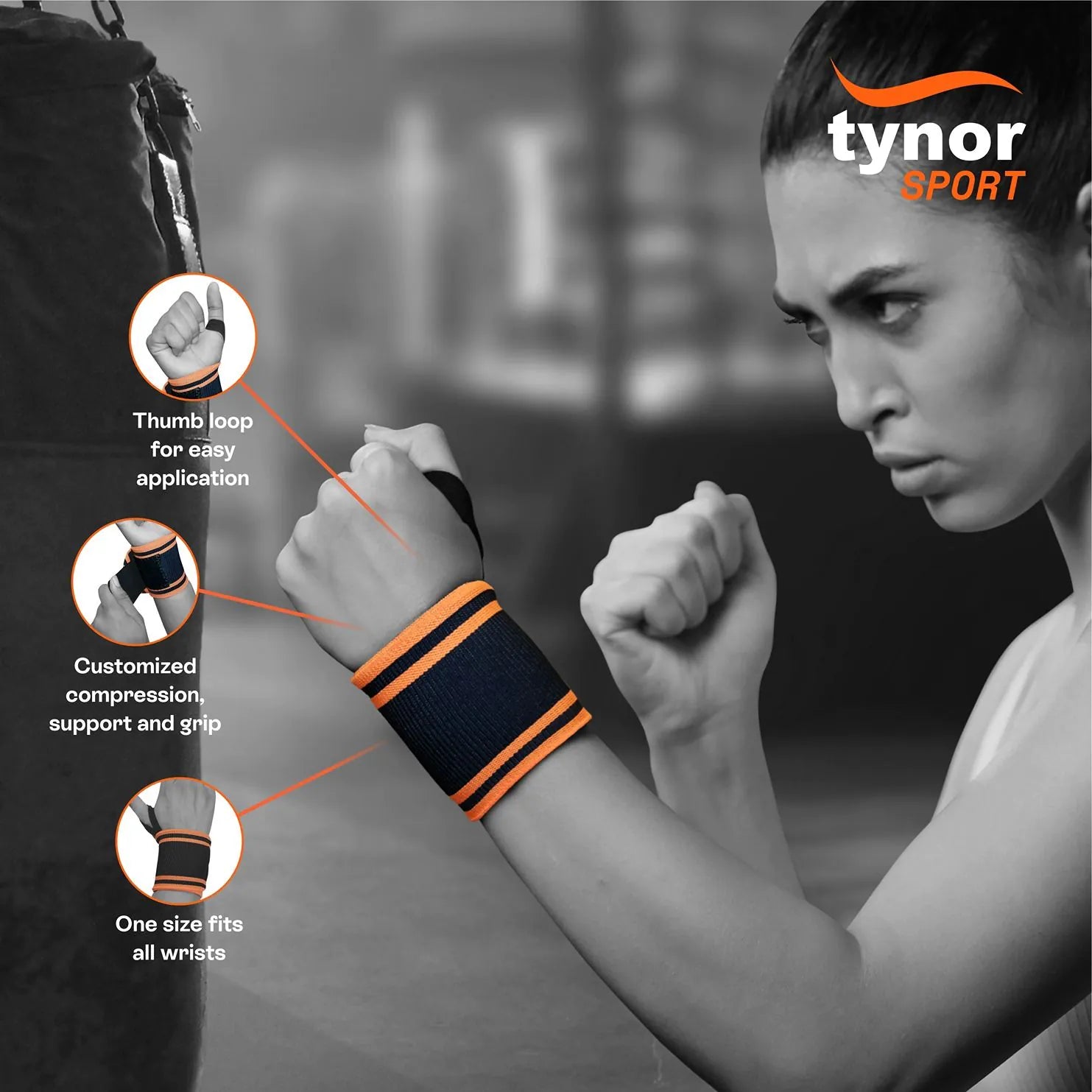 Neo neon orange wrist wrap with thumb loop for enhanced wrist support during workouts and sports