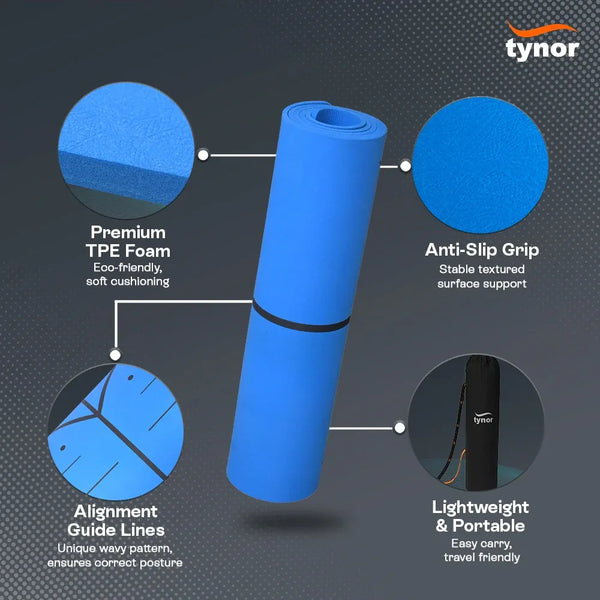 Tynor TPE 8mm yoga mat in blue, eco-friendly non-slip exercise mat
