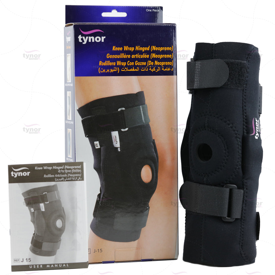 Packaging view of Tynor hinged knee wrap, designed for knee support, stability, and injury recovery.